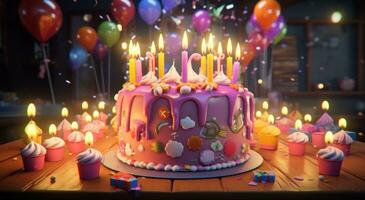 ai gegenereerd veel kaarsen lit Aan een eigengemaakt verjaardag taart foto