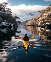 ai gegenereerd kayaker peddels naar beneden fjord heid in sneeuw en ijs foto