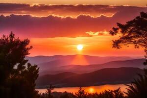 ai gegenereerd de zon sets over- een meer en bergen foto