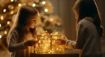 ai gegenereerd twee kinderen en een Afrikaanse Amerikaans Mens in de buurt Kerstmis lichten foto