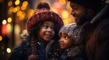 ai gegenereerd twee kinderen en een Afrikaanse Amerikaans Mens in de buurt Kerstmis lichten foto