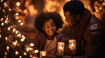 ai gegenereerd twee kinderen en een Afrikaanse Amerikaans Mens in de buurt Kerstmis lichten foto