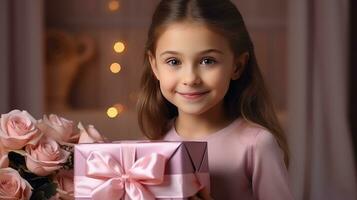 ai gegenereerd klein meisje houdt een roze geschenk doos met roze rozen foto