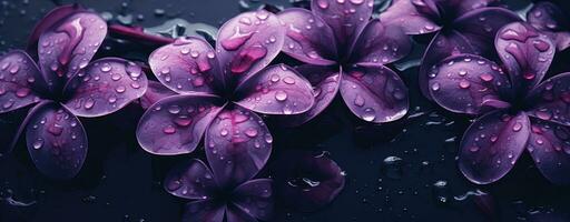 ai gegenereerd regen druppels drijvend in water in de buurt Purper bloemen foto