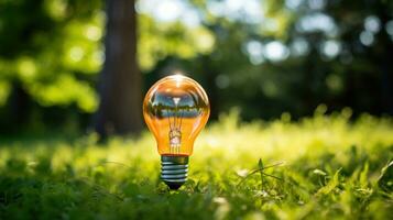 ai gegenereerd een oranje gloeilamp is zittend in gras met bomen in de achtergrond foto