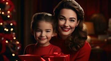 ai gegenereerd een vrouw met een Kerstmis geschenk in een rood doos staand foto