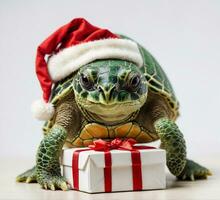 schildpad met Kerstmis hoed en geschenk doos Aan wit achtergrond foto