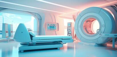 ai gegenereerd een ziekenhuis kamer met een mri machine in het foto