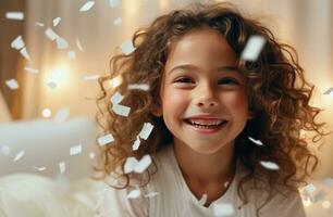 ai gegenereerd een meisje lachend De volgende naar confetti naar vieren haar verjaardag foto