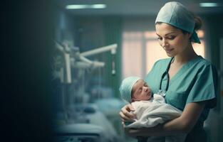 ai gegenereerd vrouw in wit scrubs Holding pasgeboren in een ziekenhuis kamer foto