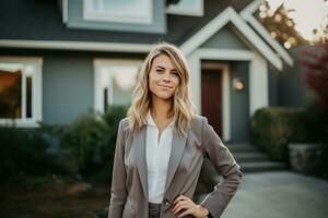 ai gegenereerd vrouw in bedrijf pak staand in voorkant van huis na ondertekening een contract foto