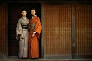 ai gegenereerd twee vrouw Aziatisch Dames staand in voorkant van een houten deur foto