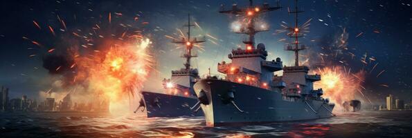 ai gegenereerd twee groot schepen met vuurwerk in de achtergrond foto