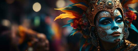 ai gegenereerd een levendig en kleurrijk tafereel van een carnaval optocht met dansers in uitwerken kostuums en maskers met leeg ruimte voor tekst foto