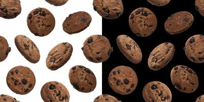 chocola havermout spaander koekjes naadloos patroon, geïsoleerd Aan wit en zwart achtergrond foto