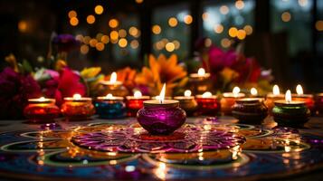 ai gegenereerd een beeld vastleggen de levendig en kleurrijk geest van diwali met diyas rangoli en vuurwerk foto