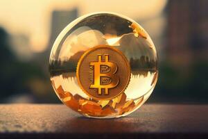 ai gegenereerd gouden bitcoin in een glas bal Aan de achtergrond van de stad, bitcoin bubbel inflatie, ai gegenereerd foto