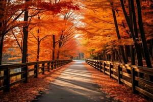 ai gegenereerd een pittoreske herfst spoor omringd door een spectrum van vurig rood, oranje, en geel gebladerte bomen in de Woud foto