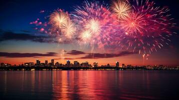 ai gegenereerd verbijsterend vuurwerk extravagant bovenstaand stadsgezicht of meer voor onafhankelijkheid dag festiviteiten met patriottisch rood, wit, en blauw tinten met copyspace voor tekst foto