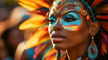 ai gegenereerd kleurrijk carnaval optocht tafereel met danser in ingewikkeld kostuum en masker ruimte voor tekst inbegrepen foto
