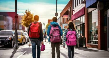 ai gegenereerd kinderen met terug pakketten wandelen naar beneden een straat foto