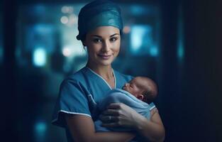 ai gegenereerd een verpleegster vervelend scrubs Holding een baby onder haar armen foto