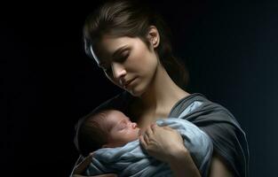 ai gegenereerd een geschrobd vrouw Holding haar pasgeboren in haar armen foto