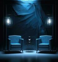ai gegenereerd een kamer met stoelen en een blauw lamp voor een donker nacht foto