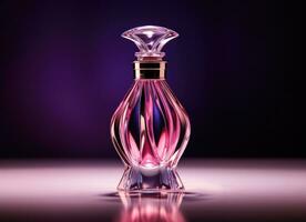 ai gegenereerd een donker beeld van een parfum fles met Purper gloeiend licht foto