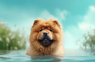 ai gegenereerd een chow chow is op zoek Bij sommige water Aan een groen achtergrond foto