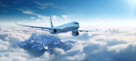 ai gegenereerd een passagiersvliegtuig in de lucht bovenstaand een berg met wolken foto