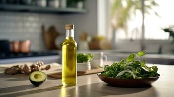 ai gegenereerd een olijf- olie fles Aan een houten bord en salade foto