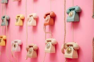 ai gegenereerd gekleurde retro telefoons hangende Aan roze achtergrond. foto