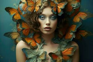 ai gegenereerd mooi vlinders meisje, dromerig fantasie magisch vlinders, zacht licht kleuren Vleugels, ai gegenereerd foto
