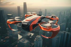 ai gegenereerd futuristische dar vliegend over- de stad, dar quadcopter met digitaal camera ai gegenereerd foto