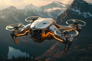 ai gegenereerd futuristische dar vliegend over- de berg, dar quadcopter met digitaal camera ai gegenereerd foto