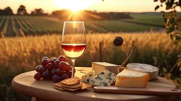 ai gegenereerd fijnproever wijn en kaas schotel met uitzicht sereen wijngaard Bij zonsondergang. foto
