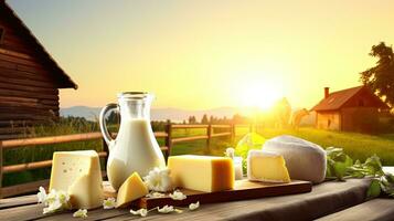 ai gegenereerd vers zuivel producten Aan houten tafel Bij zonsopkomst boerderij. foto