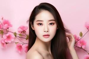 ai gegenereerd Koreaans schoonheid model- met vlekkeloos huid en voorjaar bloeit. foto