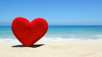ai gegenereerd rood hart Aan zanderig strand met oceaan horizon achtergrond foto
