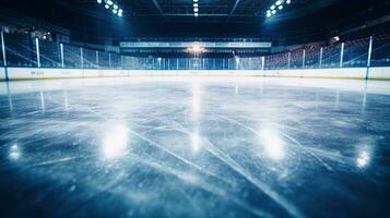 ai gegenereerd leeg ijs hockey baan met schittering en arena zitplaatsen foto