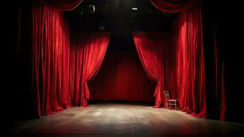 ai gegenereerd dramatisch theater stadium met rood gordijnen onder spotlight foto