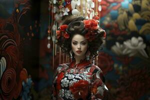 ai gegenereerd geisha, kabuki, in de stijl van futurist beweringen, generatief ai foto