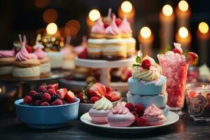 ai gegenereerd een feestelijk toetje tafel met een verscheidenheid van miniatuur traktaties, inclusief cupcakes, koekjes, en gebakjes. generatief ai foto