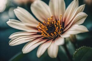 ai gegenereerd een dichtbij omhoog van een wit bloem met bruin meeldraad foto