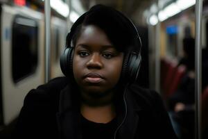 ai gegenereerd gelukkig jong zwart vrouw zittend binnen de ondergronds luisteren naar muziek. neurale netwerk ai gegenereerd foto