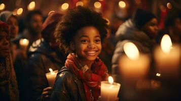 ai gegenereerd kwanzaa viering, een meisje ondergedompeld in de nachtleven en feestelijk atmosfeer foto