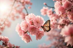 ai gegenereerd een dromerig sakura tuin met bevallig vlinders foto