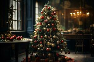 ai gegenereerd presentatie van een Kerstmis boom rijkelijk versierd met feestelijk ornamenten foto