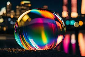 ai gegenereerd een kleurrijk glas bal zittend Aan de grond in voorkant van een stad foto